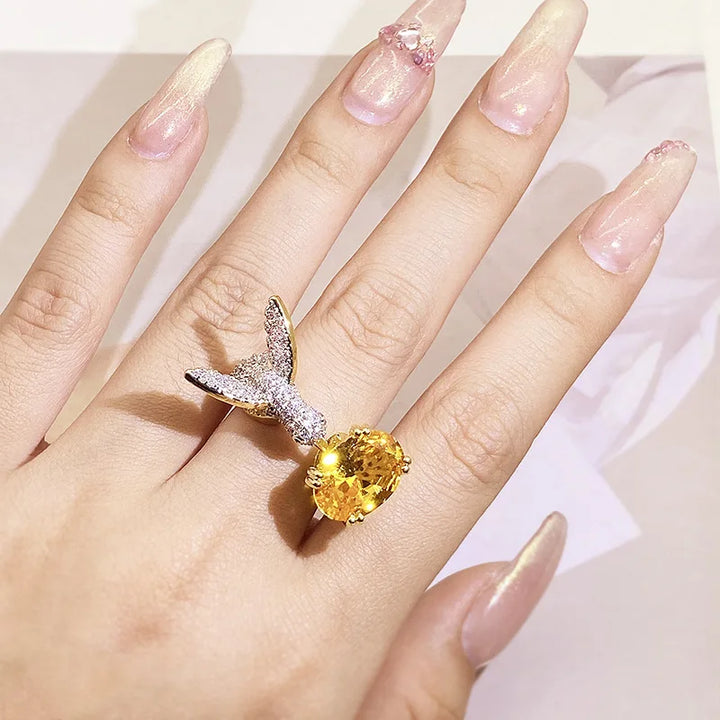 Adjustable Hummingbird Gemstone Ring – Zircon, 14K Gold Plated