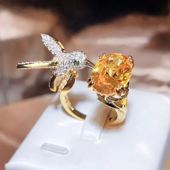 Adjustable Hummingbird Gemstone Ring – Zircon, 14K Gold Plated
